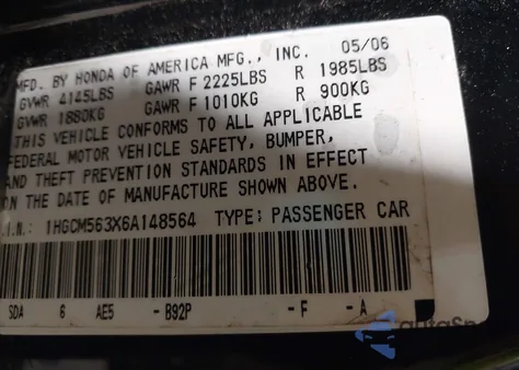 2006 Honda Accord 2.4 Se из США, поврежденный, VIN 1HGCM563X6A148564